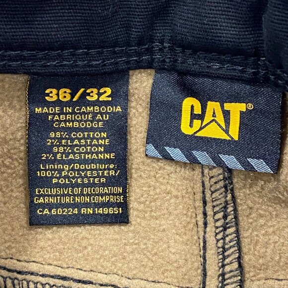 CAT Caterpillar Work Pants Mens 36 x 32 Black Canvas Fleece Lined Insulated - Picture 6 of 12